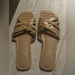 Marc Fisher Tan Woven Square-Toe Slide Mules sandals